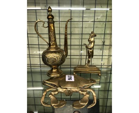 BRASS PERSIAN DESIGN EWER, CRAB INKWELL AND SAILOR FIGURE