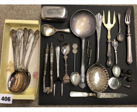 SMALL BOX OF EPNS CADDY SPOON, PICKLE FORKS, NUTCRACKERS AND OTHER CUTLERY