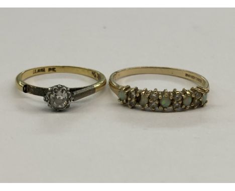18CT YELLOW GOLD AND DIAMOND SOLITAIRE RING SIZE J SHOULDER A/F, 9CT GOLD OPAL AND CZ RING SIZE Q 3.1G OVERALL.
