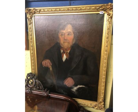 LARGE 19TH CENTURY OIL ON CANVAS PORTRAIT OF A MAN AND HIS DOG IN A GILT FRAME 69CM X 90CM