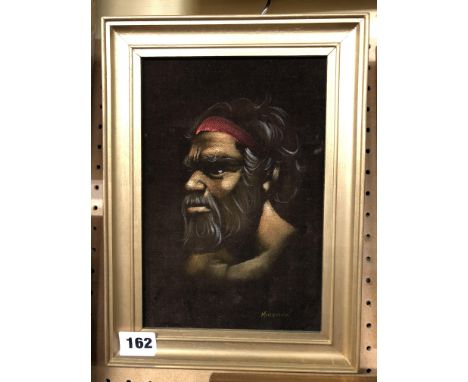 ABORIGINAL ART BY MURRAWIN, PORTRAIT OF A MALE ABORIGINAL ON BLACK VELVET 15CM X 22CM