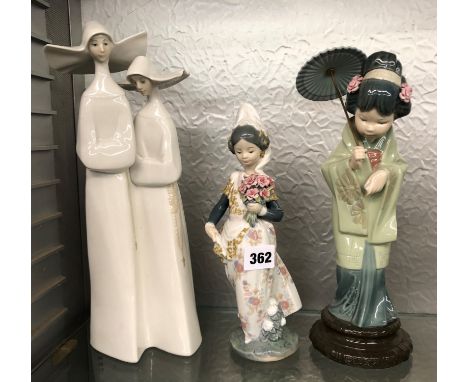 LLADRO NO. 1304 VALENCIAN GIRL WITH FLOWERS , A LLADRO FIGURE OF TWO FRENCH NUNS A/F AND A LLADRO GEISHA GIRL WITH PARASOL A/