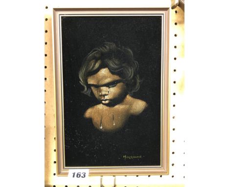 MURRAWIN PAINTING ON BLACK VELVET OF A CRYING ABORIGINAL CHILD 14CM X 23CM