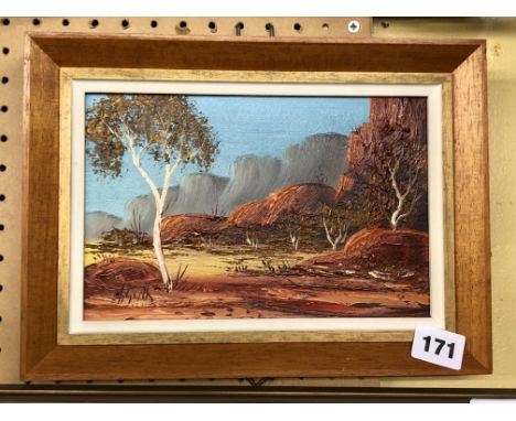 ABORIGINAL ART HENK GUTH 1921 - 2002 OIL ON BOARD OF AUSTRALIAN OUTBACK LANDSCAPE
