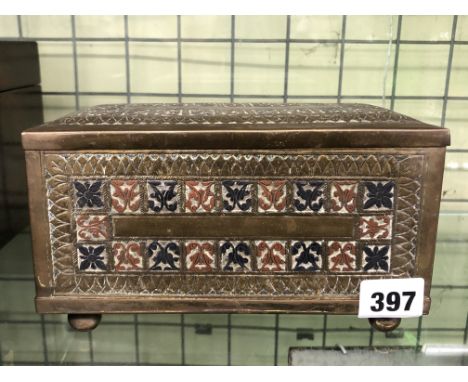 BRASS AND ENAMEL RECTANGULAR BOX ON BUN FEET