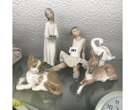 LLADRO RECUMBENT CAT, SWAN A/F AND DONKEY A/F, SEATED NAO BALLERINA AND A LLADRO FIGURE OF A GIRL WITH A CHAMBERSTICK