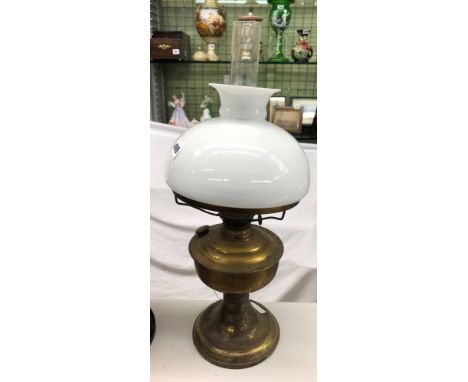 BRASS OIL LAMP WITH WHITE OPAQUE SHADE AND ONE OTHER