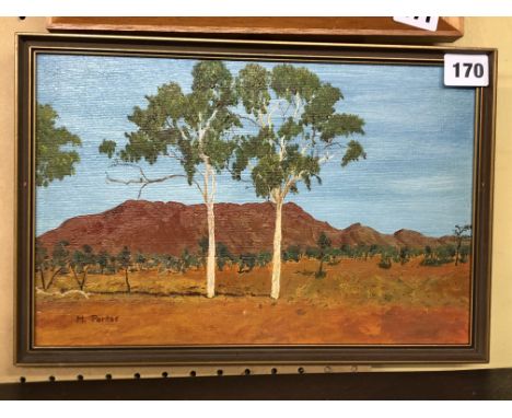 M. PARKES ABORIGINAL OIL ON BOARD AUSTRALIAN OUTBACK LANDSCAPE 30CM X 19CM