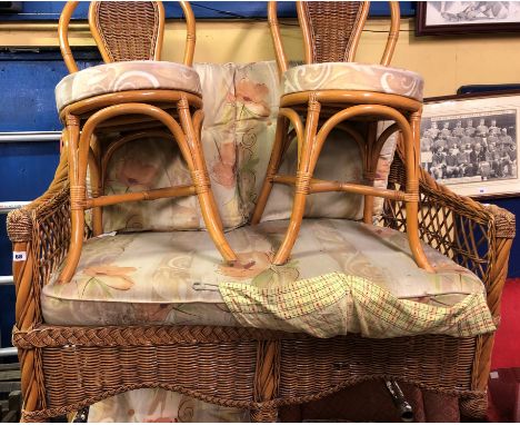 CANE AND BAMBOO CONSERVATORY SOFA, CIRCULAR GLASS TOP TABLE, LAMP TABLE AND PAIR OF HOOP BACK CHAIRS 