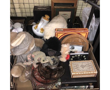 TWO CARTONS OF MISCELLANEOUS ITEMS - DAMASCUS TYPE BOX, FISH CUTLERY, SOFT TOYS, EGG CODDLER, MANTLE CLOCK, ETC