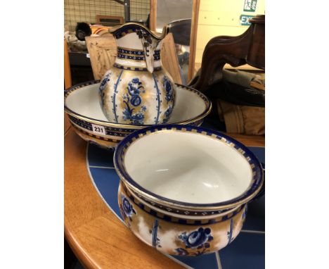 LOSOL WARE FLO BLUE AND GILT WATER BASIN JUG AND CHAMBER POT 