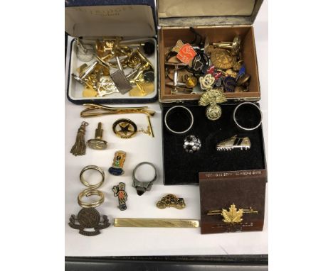 BOX OF GENTS PLATED CUFFLINK'S , TIE SLIDES AND A SMALL BOX OF MISCELLANEOUS ENAMEL BADGES 