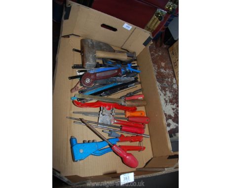 A box of hand tools, saw blades, etc.,
