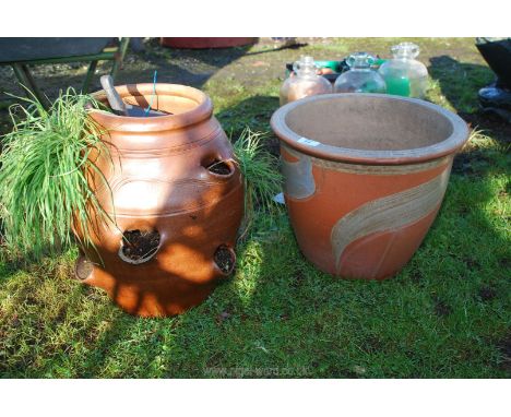 Large pottery garden planter 13'' high x 15'' diameter and a salt glazed strawberry planter.