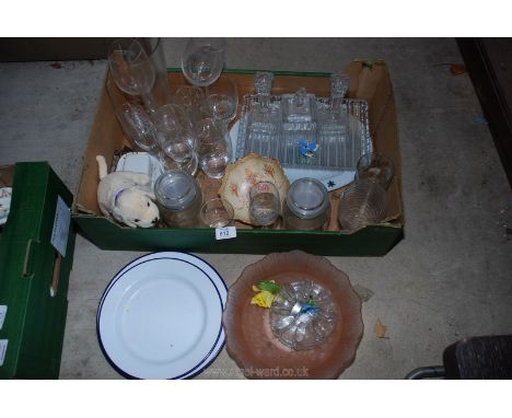 A box of various glasses, dressing table set, enamel plates, etc.