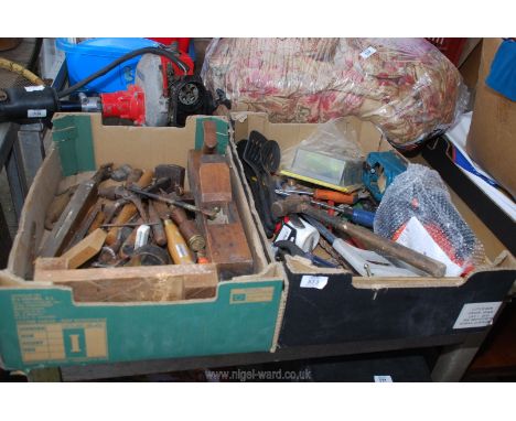 Two boxes of various hand tools, chisels, gauges, hammer, torches, etc.