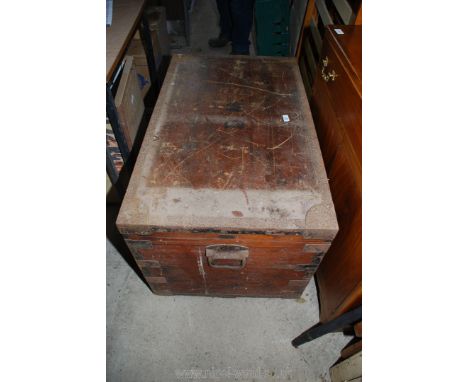 A large metal bound wooden trunk, zinc lined. 39" x 24" x 22"