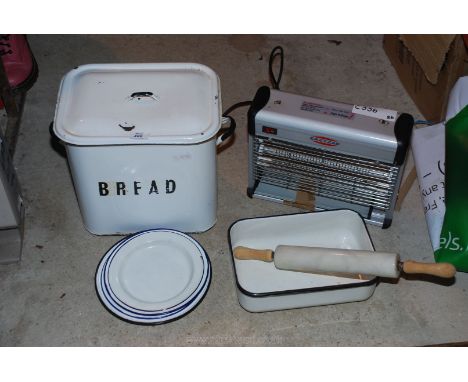 An Eazyzap fly killer, enamel bread bin, plates, a rolling pin etc.