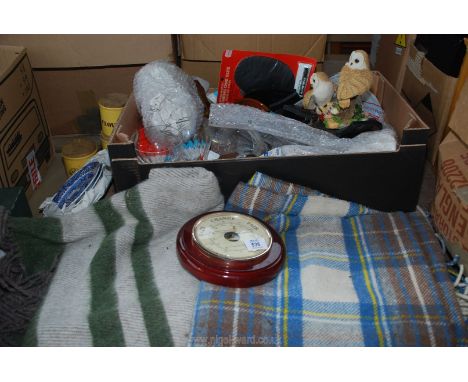 Two travel rugs, barometer, a box of shoe soles and heels, etc.