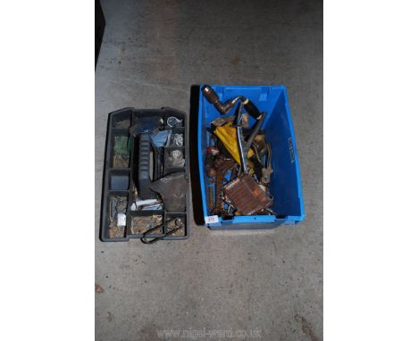 A box of tools, a hand brace, a slate cutter, saw sets, etc.,