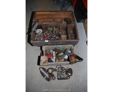 A Sturmey Archer cycle lamp, oil cans, boil lamp, various spanners, etc.