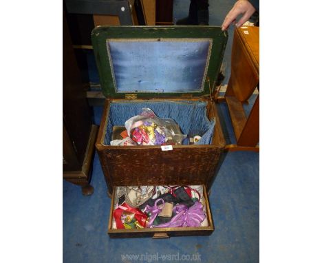 A vintage sewing box with leatherette top and drawer to base plus contents including; ribbons, needles, etc.