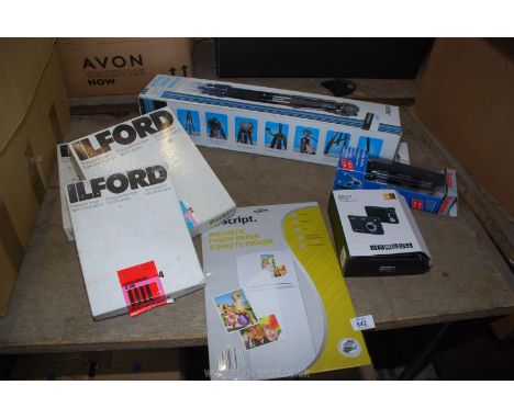 Two photographic tripods, photographic Ilford paper, Aberg Best 21 mega pixels camera etc.