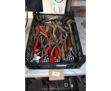 Tray of various hand tools: pliers, hammers, punches, etc.,
