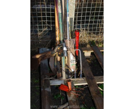 A bundle of garden tools: fork, spade, rake, etc.,