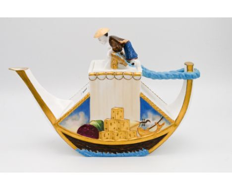 A George Jones ‘Chinese Junk’ teapot and cover, circa 1876, modelled in the form of a Chinese cargo boat laden with chests of