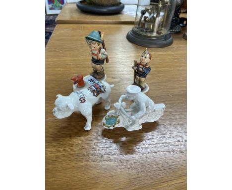 Coronet Ware Crested motorcyclist (Hounslow), Swan China Model of Bill Sykes dog (Earl of St Germans) and two Hummel figures