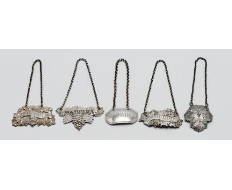 Four silver decanter labels including two Sherry's and Madeira by George Unite (5) approx. 1.53oz