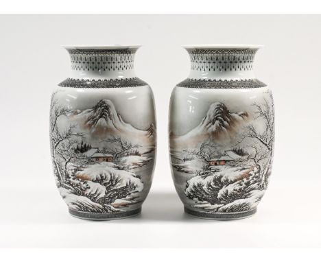 A pair of ‘famille-rose’ winter landscape mirror vases&nbsp;&nbsp; &nbsp; &nbsp;&nbsp; &nbsp;in the style of He Xuren (1882-1