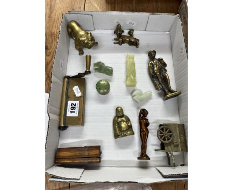 Various ornaments, three 20th century small Jade? carvings, miniature figures, novelty coffin box, brass tobacco roller etc.