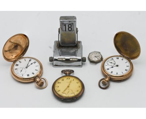 Two gold plated full hunter pocket watches also a small vintage Zenith ladies wristwatch together with a Zenith open face poc