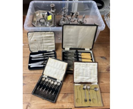A collection of silver plated ware including candelabra, entrée dishes, various cased sets including six coffee bean spoons, 