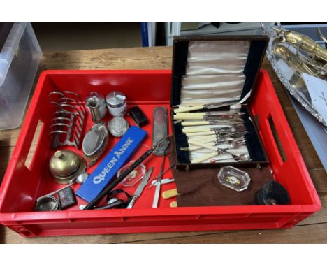 Various items including egg coddlers, plated toast rack, Bryant and May match case, silver mounted glove stretchers, two roll