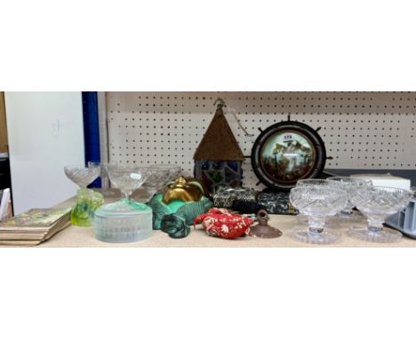Various cut glass Sunday dishes, heavy coloured glass paperweight, Sunday postcards, lantern, display lamp, Art Deco replica 