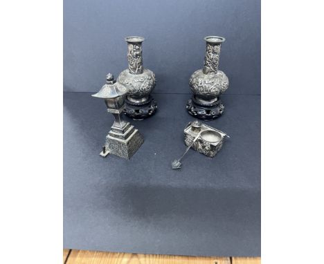 A pair of Chinese silver vases embossed with flower decoration, height 9cm, marked HC, approx. 3.87oz also a Chinese silver s