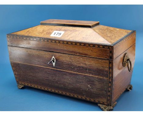 A Regency sarcophagus tea caddy in bird's eye maple and other exotic woods, the interior with two lidded compartments flankin