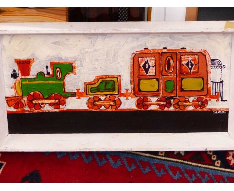 Slade. ( 20th century) naive school.Steam train. oil on board. signed L/R. 44 x 21 cm