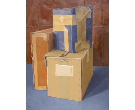 Beulah (modern), ARR. parcels stacked against brown panelling, oil on canvas, signed lower left and dated '99.   75 x 59.5cms