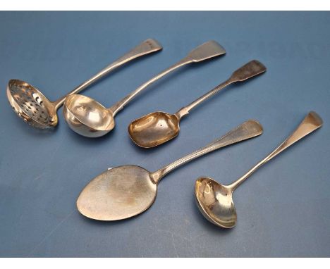 A Glasgow silver fiddle pattern toddy ladle, a Edinburgh fiddle pattern spoon, a London old English pattern ladle, a George I