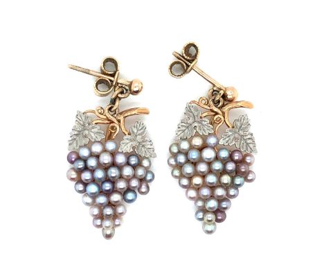 A pair of Edwardian 15ct gold, platinum, and cultured pearl grape earrings with 9ct gold pierced earring fittings, unhallmark