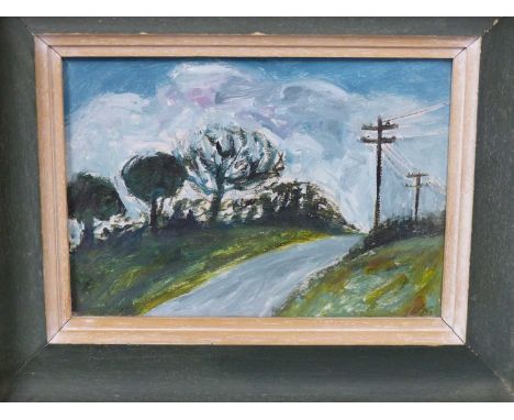 Joan Gillchrest (1918-2008) Country road. oil on board. Monogram l/r Titled verso. 17 x 12 cm.