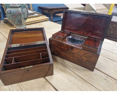 An inlaid late regency mahogany tea caddy, together with an inlaid fitted stationary box (2)