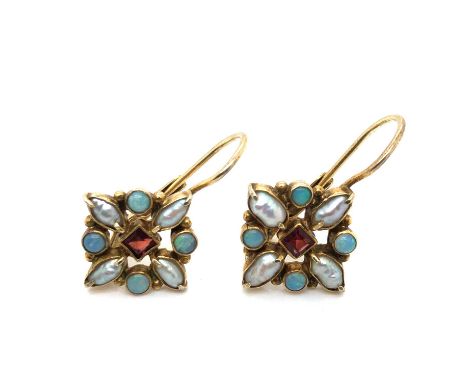 A pair of garnet, baroque pearl and opal earrings with lever safety backs and wire for pierced ears. Unhallmarked, assessed a