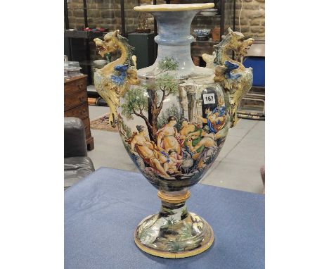 A 19th century Le Nove type majolica baluster vase painted below the dragon handles with the judgement of Paris taking place 