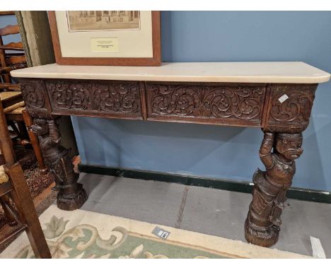 A pair of Malaysian white marble topped ebony console tables, each with blind fret aprons and on two figural legs.   W 123 x 