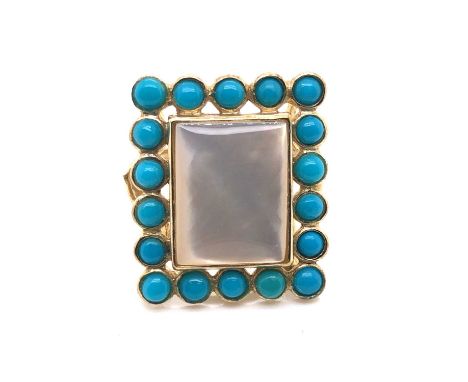 A 9ct hallmarked gold mother-of-pearl panel and turquoise cluster ring. Ring size L. Weight 4.9 grams. 